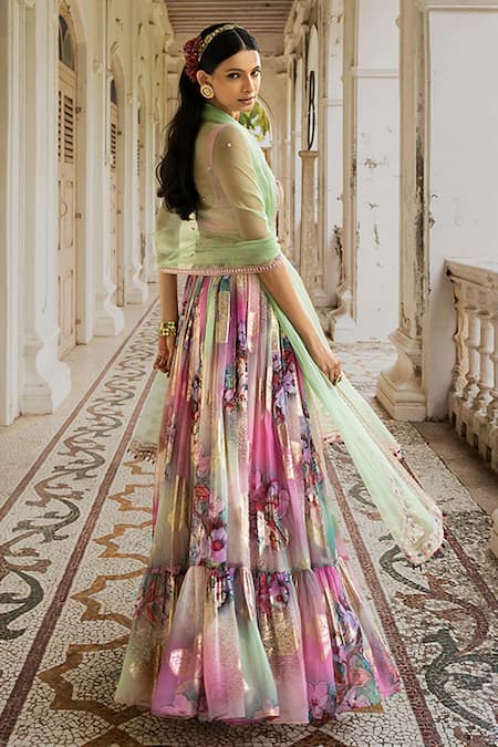Shop_AMRIN KHAN_Purple Georgette And Embroidery Floral & Beads Scoop Neck Lehenga Set _Online_at_Aza_Fashions