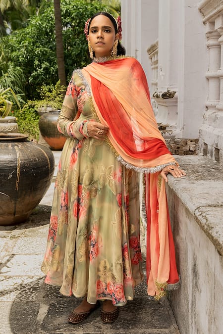 Buy_Amrin Khan_Green Georgette And Chiffon Floral Print & Gota Patti Scoop Neck Anarkali Set _Online_at_Aza_Fashions