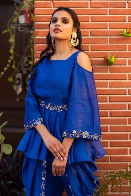 Buy_Kefi Collections_Blue Silk Embroidery Round Neck Baani Peplum Top And Dhoti Pant Set_Online_at_Aza_Fashions