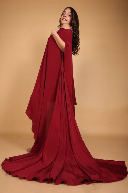 Label Shristi Chetani_Wine Crepe, Taffeta Embroidery Asymmetric One Shoulder Embellished Dress_Online_at_Aza_Fashions