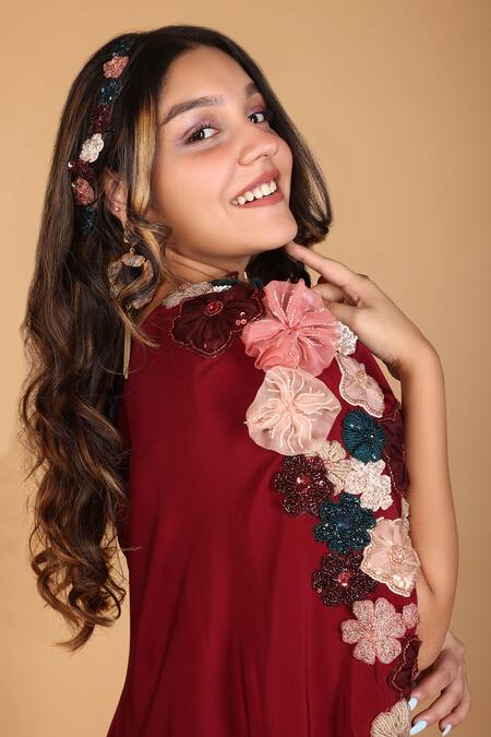 Buy_Label Shristi Chetani_Wine Crepe, Taffeta Embroidery Asymmetric One Shoulder Embellished Dress_Online_at_Aza_Fashions