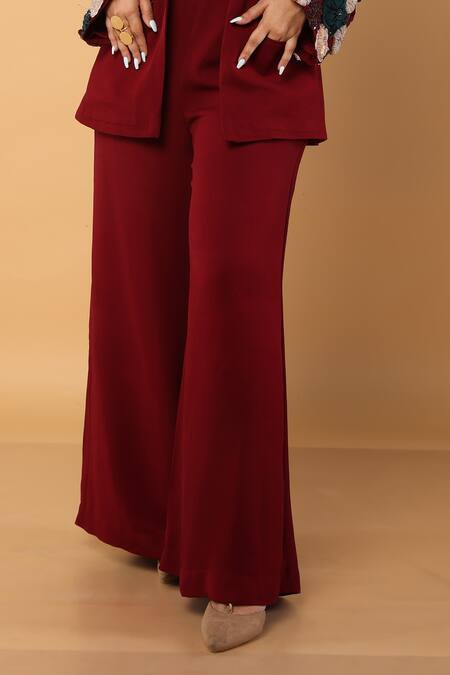 Label Shristi Chetani_Wine Taffeta, Denim, Georgette Embroidery Floral Embellished Blazer And Pant Set_Online_at_Aza_Fashions