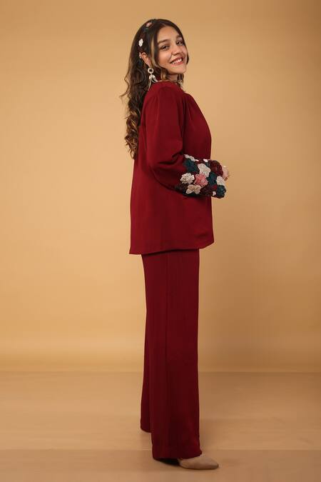 Buy_Label Shristi Chetani_Wine Taffeta, Denim, Georgette Embroidery Floral Embellished Blazer And Pant Set_Online_at_Aza_Fashions