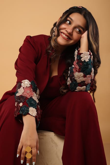 Shop_Label Shristi Chetani_Wine Taffeta, Denim, Georgette Embroidery Floral Embellished Blazer And Pant Set_Online_at_Aza_Fashions