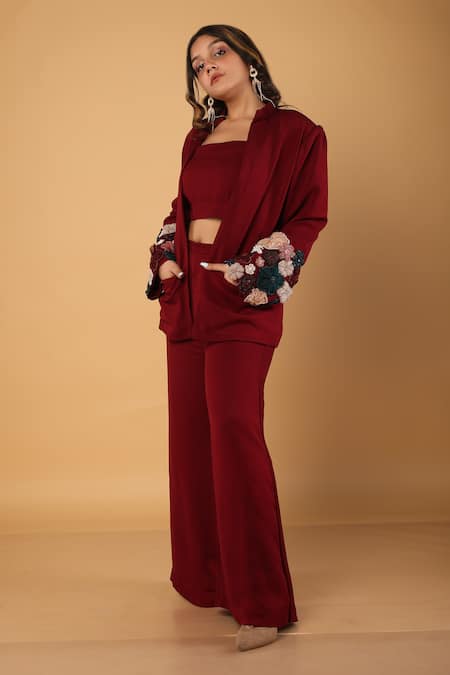 Label Shristi Chetani_Wine Taffeta, Denim, Georgette Embroidery Floral Embellished Blazer And Pant Set_at_Aza_Fashions
