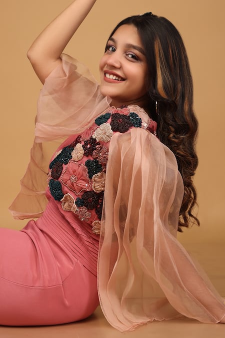 Buy_Label Shristi Chetani_Pink Organza, Crepe, Taffeta Embroidery V-neck Floral Embellished Jumpsuit_Online_at_Aza_Fashions