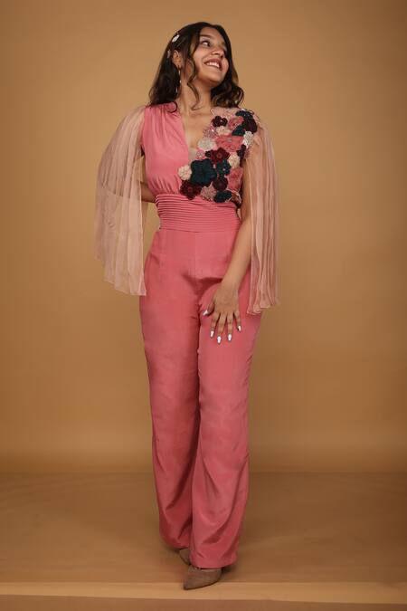 Label Shristi Chetani_Pink Organza, Crepe, Taffeta Embroidery V-neck Floral Embellished Jumpsuit_at_Aza_Fashions