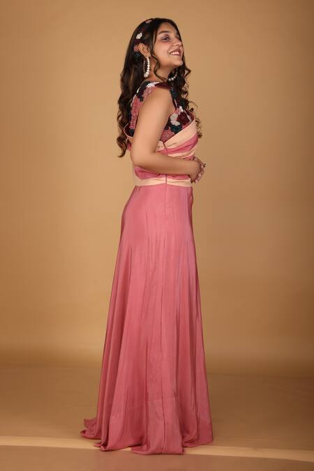 Label Shristi Chetani_Pink Crepe, Taffeta Embroidery Asymmetric Floral Embellished Draped Gown_at_Aza_Fashions