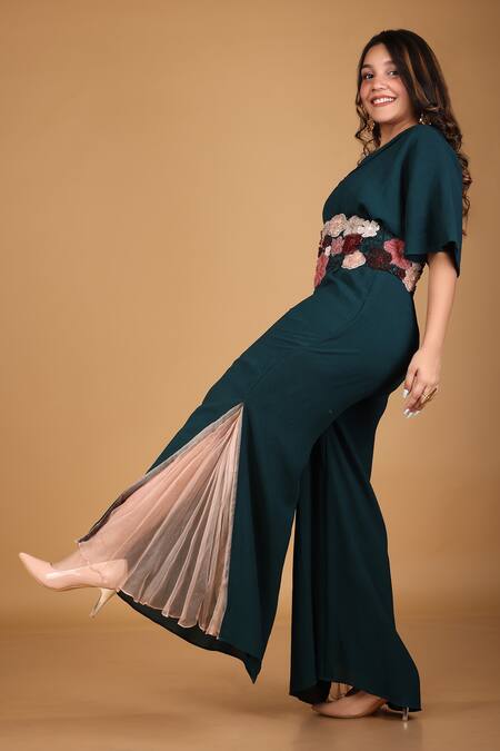 Label Shristi Chetani_Green Organza, Taffeta, Georgette Fabric Sheer Panelled Hem Jumpsuit With Belt _Online_at_Aza_Fashions