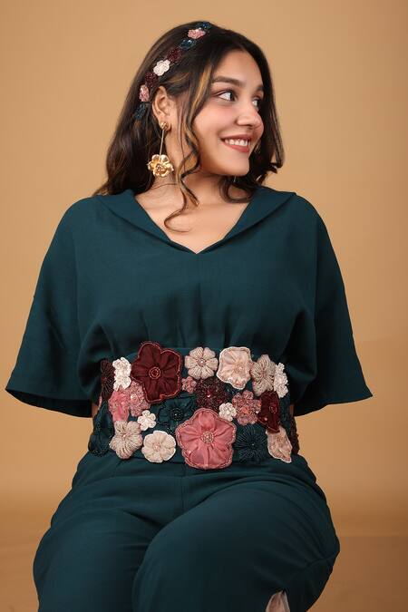 Buy_Label Shristi Chetani_Green Organza, Taffeta, Georgette Fabric Sheer Panelled Hem Jumpsuit With Belt _Online_at_Aza_Fashions