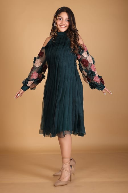 Buy_Label Shristi Chetani_Green Organza, Taffeta Fabric Flowers Bandeau Neck Balloon Sleeve Dress _Online_at_Aza_Fashions