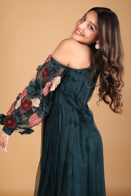 Shop_Label Shristi Chetani_Green Organza, Taffeta Fabric Flowers Bandeau Neck Balloon Sleeve Dress _Online_at_Aza_Fashions