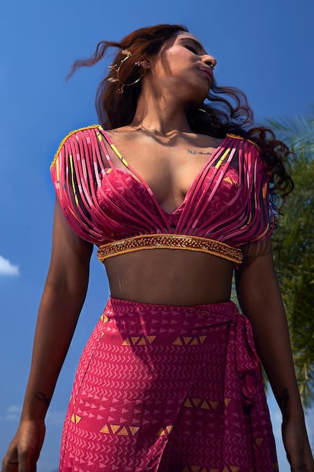 Babita Malkani Pink Georgette Beads Plunge Neck Corded Top And Overlapped Pant Set Online at Aza Fashions Babita Malkani_Pink Georgette Beads Plunge Neck Corded Top And Overlapped Pant Set _Online_at_Aza_Fashions