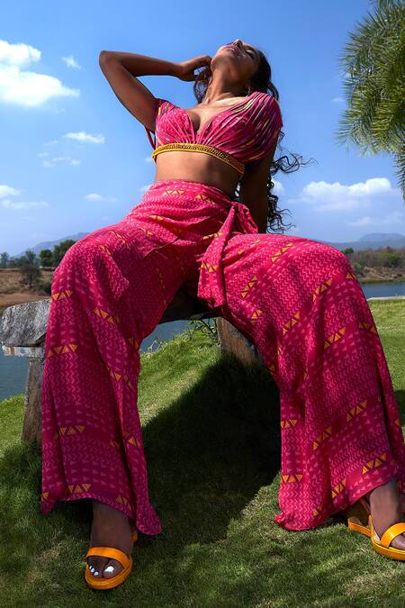 Babita Malkani Pink Georgette Beads Plunge Neck Corded Top And Overlapped Pant Set at Aza Fashions Babita Malkani_Pink Georgette Beads Plunge Neck Corded Top And Overlapped Pant Set _at_Aza_Fashions