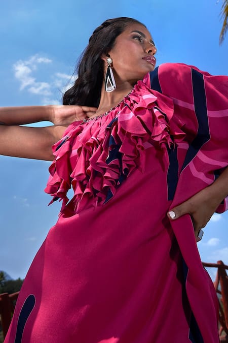 Babita Malkani_Pink Crepe Round Neck Abstract Print Kaftan Dress _Online_at_Aza_Fashions