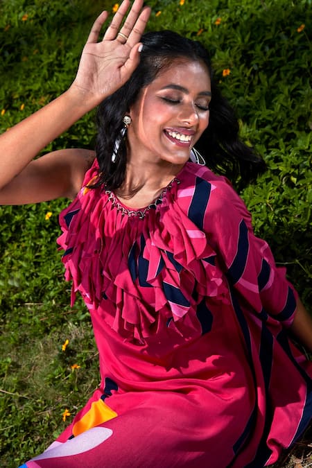 Buy_Babita Malkani_Pink Crepe Round Neck Abstract Print Kaftan Dress _Online_at_Aza_Fashions
