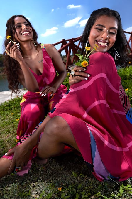 Buy Babita Malkani Pink Crepe Beads V-neck Triangle Print Jumpsuit Online at Aza Fashions Buy_Babita Malkani_Pink Crepe Beads V-neck Triangle Print Jumpsuit _Online_at_Aza_Fashions