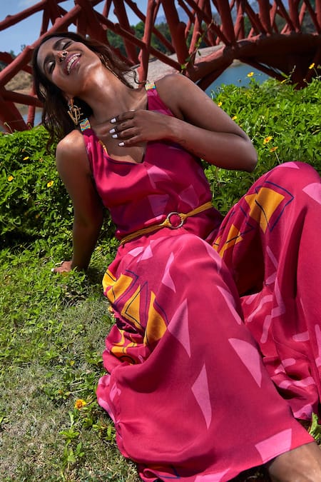 Shop Babita Malkani Pink Crepe Beads V-neck Triangle Print Jumpsuit Online at Aza Fashions Shop_Babita Malkani_Pink Crepe Beads V-neck Triangle Print Jumpsuit _Online_at_Aza_Fashions