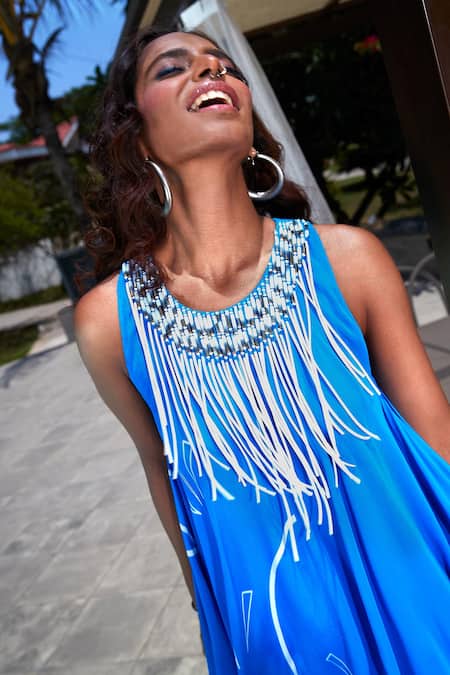 Buy Babita Malkani Blue Crepe, Georgette Fringe Round Neck Asymmetric Printed Dress Online at Aza Fashions Buy_Babita Malkani_Blue Crepe, Georgette Fringe Round Neck Asymmetric Printed Dress _Online_at_Aza_Fashions