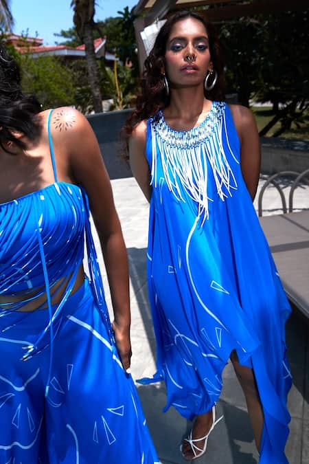 Shop Babita Malkani Blue Crepe, Georgette Fringe Round Neck Asymmetric Printed Dress Online at Aza Fashions Shop_Babita Malkani_Blue Crepe, Georgette Fringe Round Neck Asymmetric Printed Dress _Online_at_Aza_Fashions