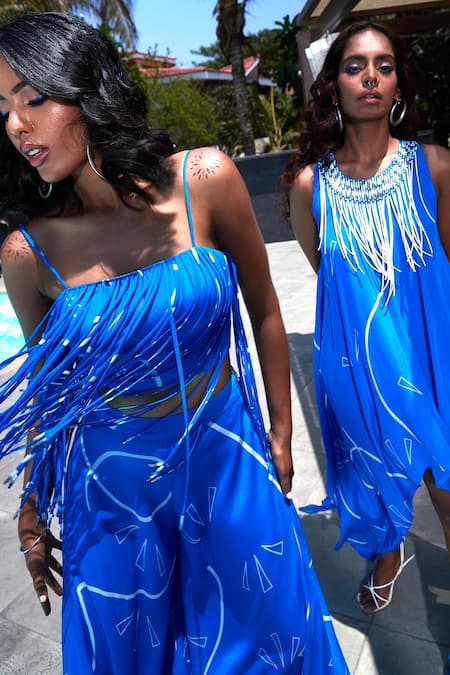 Buy Babita Malkani Blue Crepe Fringe Square Neck Printed Corded Top And High Waist Palazzo Set Online at Aza Fashions Buy_Babita Malkani_Blue Crepe Fringe Square Neck Printed Corded Top And High Waist Palazzo Set _Online_at_Aza_Fashions