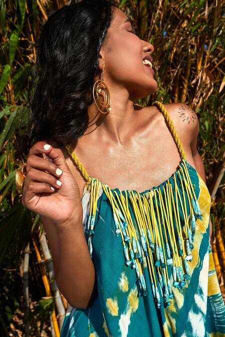 Buy_Babita Malkani_Green Georgette Tassels, Ribbons Scoop Neck Asymmetric Embellished Dress _Online_at_Aza_Fashions