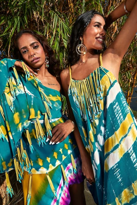 Buy Babita Malkani Green Georgette Tassels Asymmetric One Shoulder Abstract Dye Dress Online at Aza Fashions Buy_Babita Malkani_Green Georgette Tassels Asymmetric One Shoulder Abstract Dye Dress _Online_at_Aza_Fashions