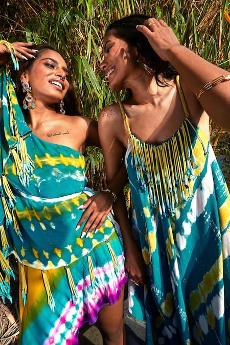 Babita Malkani_Green Georgette Tassels, Ribbons Scoop Neck Asymmetric Embellished Dress _at_Aza_Fashions