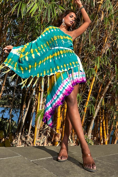 Shop Babita Malkani Green Georgette Tassels Asymmetric One Shoulder Abstract Dye Dress Online at Aza Fashions Shop_Babita Malkani_Green Georgette Tassels Asymmetric One Shoulder Abstract Dye Dress _Online_at_Aza_Fashions