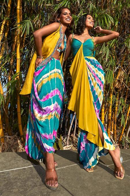 Shop Babita Malkani Green Crepe Beads V-, Open Embellished Jacket And Dhoti Skirt Set Online at Aza Fashions Shop_Babita Malkani_Green Crepe Beads V-, Open Embellished Jacket And Dhoti Skirt Set _Online_at_Aza_Fashions