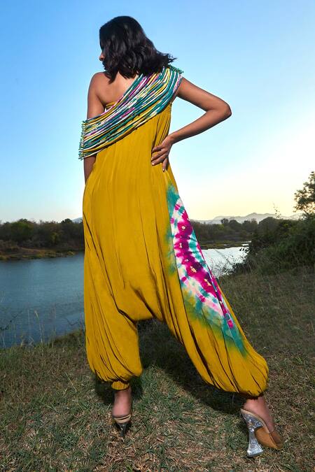 Buy Babita Malkani Green Crepe Square Neck Hand Dyed Textured Jumpsuit With Corded Throw Online at Aza Fashions Buy_Babita Malkani_Green Crepe Square Neck Hand Dyed Textured Jumpsuit With Corded Throw _Online_at_Aza_Fashions