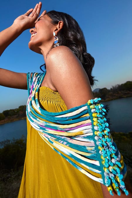 Shop Babita Malkani Green Crepe Square Neck Hand Dyed Textured Jumpsuit With Corded Throw Online at Aza Fashions Shop_Babita Malkani_Green Crepe Square Neck Hand Dyed Textured Jumpsuit With Corded Throw _Online_at_Aza_Fashions