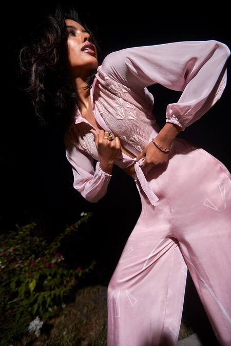 Buy Babita Malkani Pink Georgette, Satin Sequins Collared Embroidered Top And Joggers Set Online at Aza Fashions Buy_Babita Malkani_Pink Georgette, Satin Sequins Collared Embroidered Top And Joggers Set_Online_at_Aza_Fashions