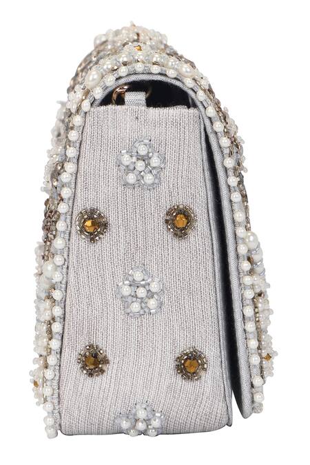 Fuchsia by aashaka mehta_Ivory Zari, Sequins, Beads Ice Silk Embroidered Clutch _Online_at_Aza_Fashions