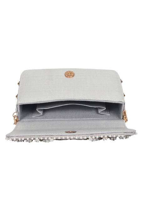 Shop_Fuchsia by aashaka mehta_Ivory Zari, Sequins, Beads Ice Silk Embroidered Clutch _Online_at_Aza_Fashions