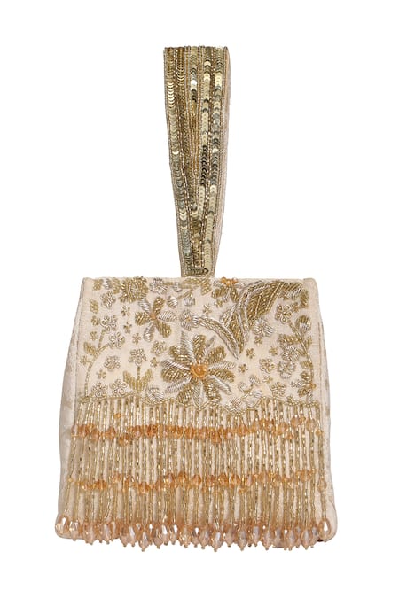 Fuchsia by aashaka mehta_Gold Embroidery, Sequins Floral Clutch _Online_at_Aza_Fashions