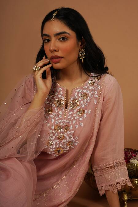 Buy_OMI_Pink Silk, Chanderi Embroidery, Lace, Mirrors Split Thread Hand Kurta Set_Online_at_Aza_Fashions