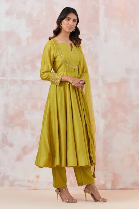 Buy_Basanti - Kapde Aur Koffee_Green Cotton, Silk, Chiffon Embroidery Split V-neck Anarkali Pant Set _Online_at_Aza_Fashions