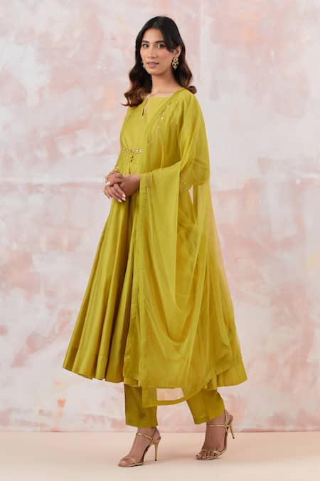 Shop_Basanti - Kapde Aur Koffee_Green Cotton, Silk, Chiffon Embroidery Split V-neck Anarkali Pant Set _Online_at_Aza_Fashions