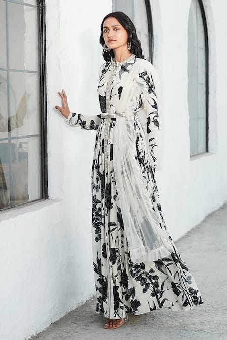 Basanti - Kapde Aur Koffee_Black Crepe, Net Embroidery, Sequins, Botanical Print And Anarkali With Dupatta_at_Aza_Fashions