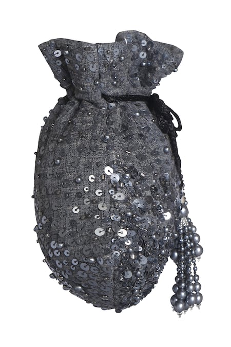Fuchsia by aashaka mehta_Grey Sequins Spell Embroidered Potli Bag_Online_at_Aza_Fashions