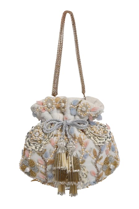 Shop_Fuchsia by aashaka mehta_White Embroidery Zinnia Bloom Potli Bag_Online_at_Aza_Fashions