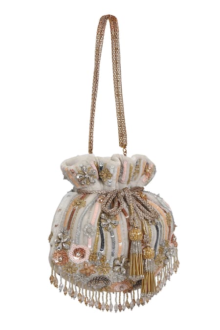 Fuchsia by aashaka mehta_White Embroidery, Tassels Angel Potli Bag_Online_at_Aza_Fashions