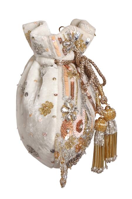 Buy_Fuchsia by aashaka mehta_White Embroidery, Tassels Angel Potli Bag_Online_at_Aza_Fashions