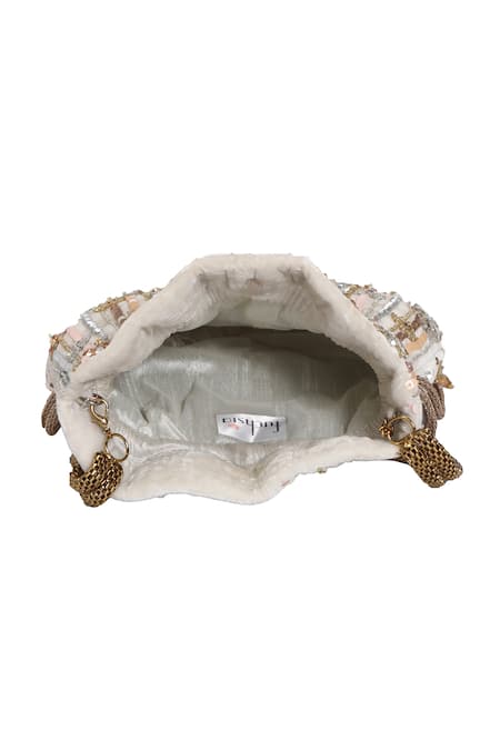 Shop_Fuchsia by aashaka mehta_White Embroidery, Tassels Angel Potli Bag_Online_at_Aza_Fashions