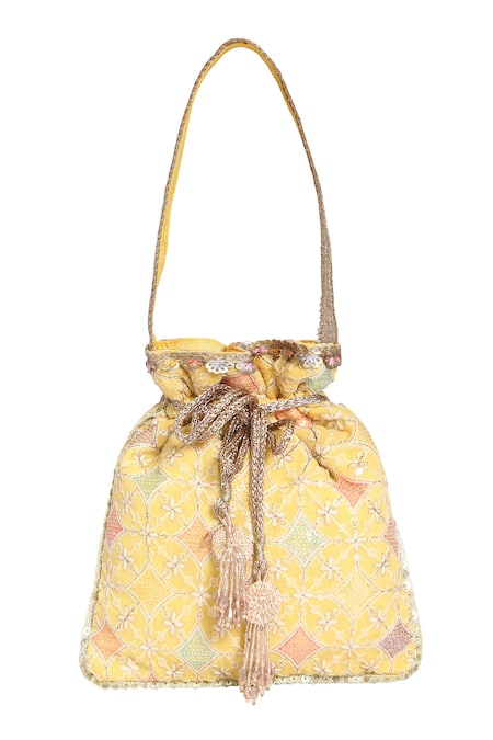 Shop_Fuchsia by aashaka mehta_Yellow Embroidery, Sequins Thread Potli Bag _Online_at_Aza_Fashions