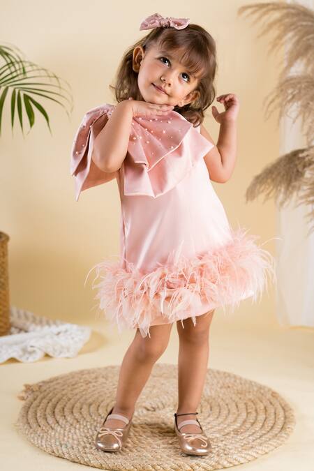 BA BA Baby Clothing CO_Pink Heavy Satin Hand Embroidered Pearl Feathered Hem Dress_Online_at_Aza_Fashions