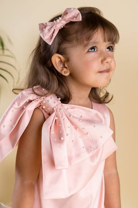 Buy_BA BA Baby Clothing CO_Pink Heavy Satin Hand Embroidered Pearl Feathered Hem Dress_Online_at_Aza_Fashions