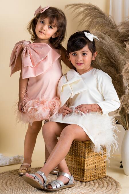 Shop_BA BA Baby Clothing CO_Pink Heavy Satin Hand Embroidered Pearl Feathered Hem Dress_Online_at_Aza_Fashions