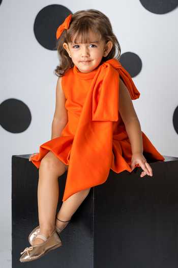 BA BA Baby Clothing CO_Orange Scuba Solid Box-pleated Hem Dress_Online_at_Aza_Fashions